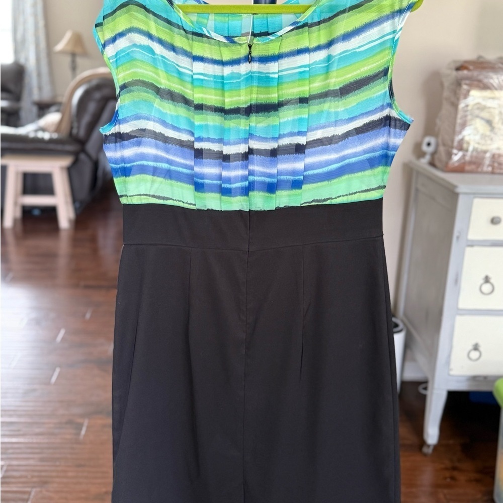 AB Studio Striped Green and Blue Sleeveless Dress with Built in cami, Sz 14 - Picture 2 of 9